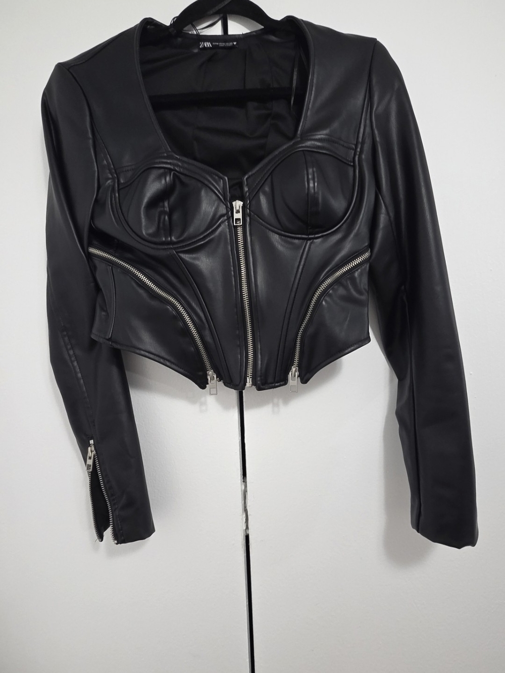Faux Leather Black Cropped Jacket with Bust Detailing